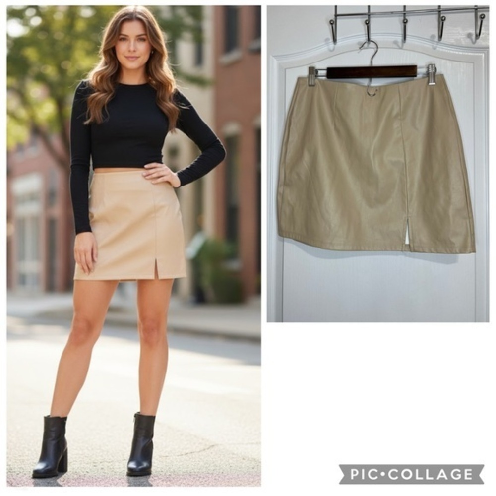 Madden NYC This is a tan/beige faux leather mini A-line skirt with a slit size L